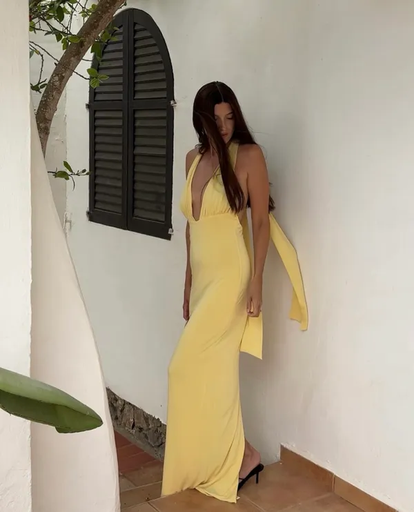 Zara Butter Yellow Halter Maxi Dress with Plunging Neckline Scarf Wedding Party - Image 4