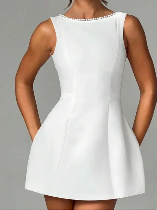 White Sleeveless A-Line Dress with Pearl Trim - Image 6