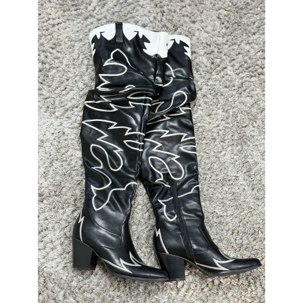 Women's Black & White Cowboy Western Boots Knee High Embroidered Block Size 6 - Image 2