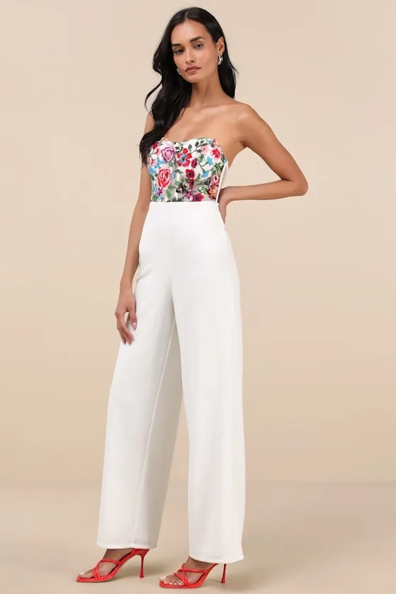 New Lulus Remarkable Energy White Floral Embroidered Strapless Jumpsuit MSRP $99 - Image 2