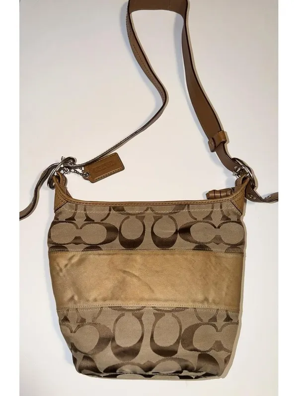 Coach Canvas Leather Tan Signature Shoulder Bag Handbag Purse medium - Image 5