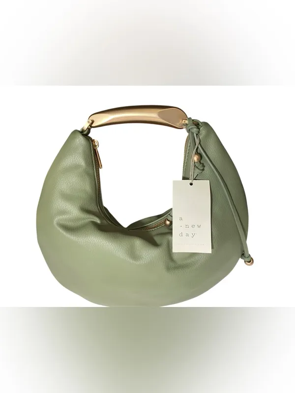 A New Day Green Hobo Shoulder Bag Gold Handle Slouchy Faux Leather Minimalist - Image 4