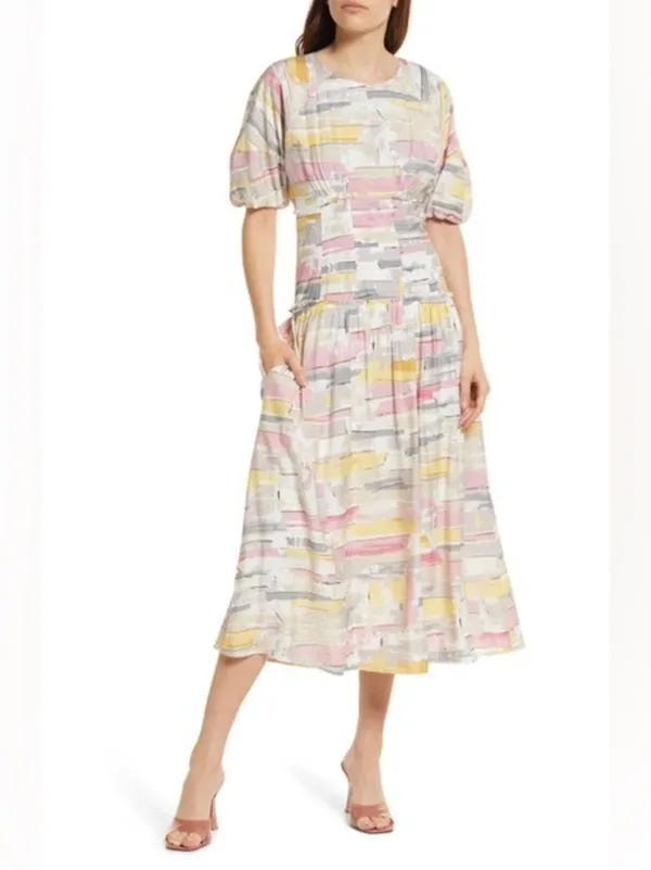Moon River Woven Printed Dress With Balloon Sleeves Pink Multi Size Small - Image 2