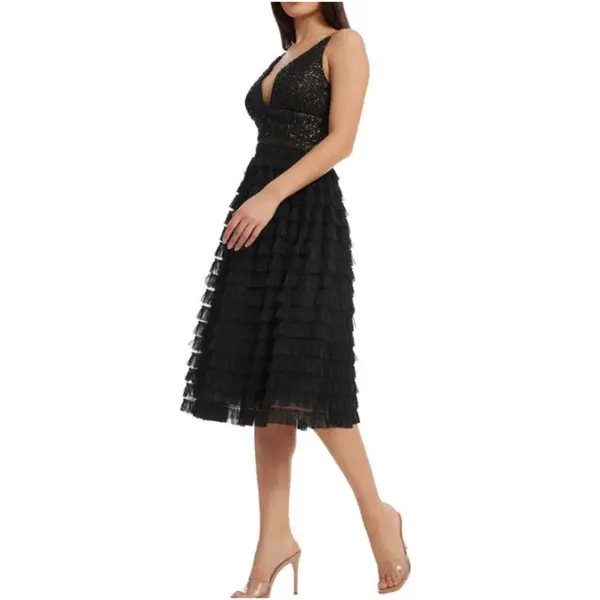 Dress the Population Becca Midi Dress Black Sleeveless Sequin Tiered Small - Image 2
