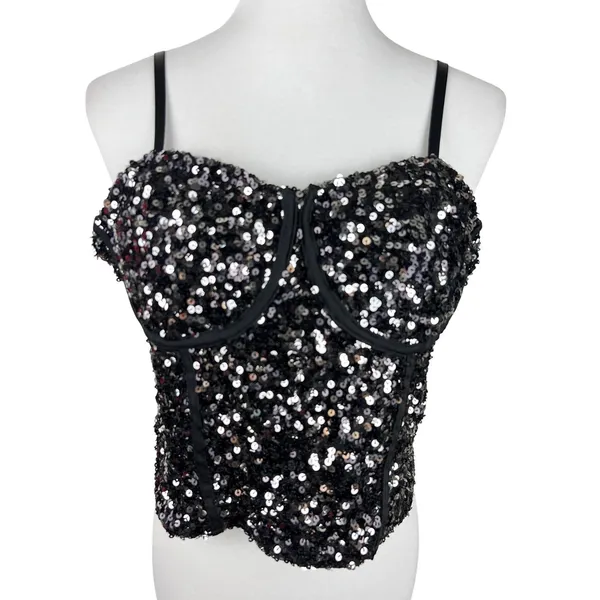 Sequin Corset Bustier Top Underwire Adjustable Straps Black Silver M Size M - Image 2