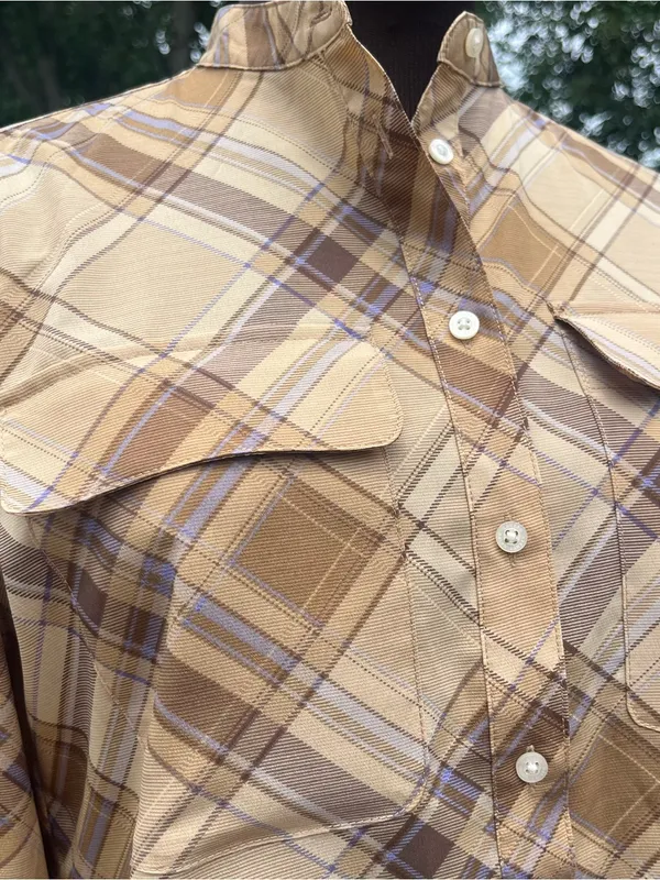 Lauren Ralph Lauren Women’s Beige Lilac Plaid Long Sleeve Mock Neck Blouse Sz S - Image 3