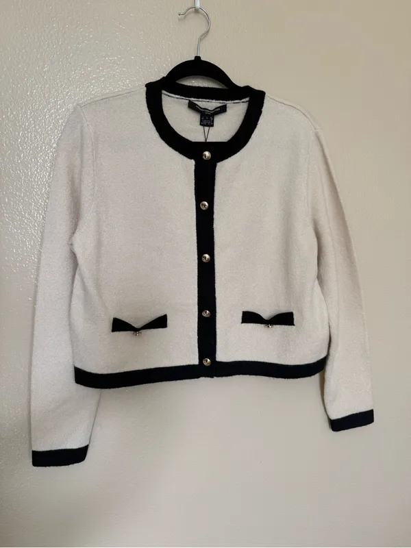 French Connection Womens L Ivory Black Contrast Knit Cardigan Jacket NWT $128 - Image 2