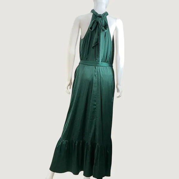 Belle Badgley Mischka Emerald Green Halter Maxi Dress Tie Waist Size 2 Gown‎ - Image 5