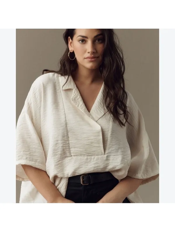 NWT Anthropologie Dylon Short-Sleeve Wide Placket Top Blouse Women’s Large P - Image 13