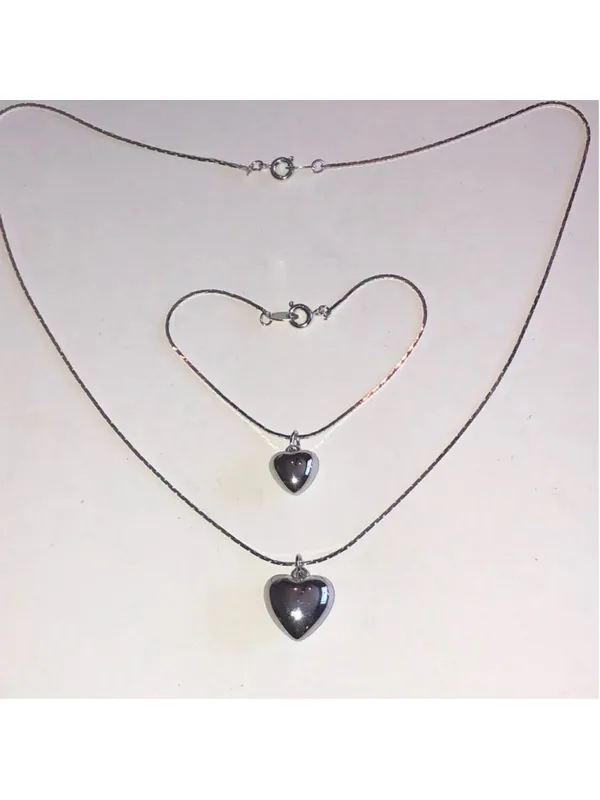 Vintage Silver Tone Dainty Heart Pendant Necklace Bracelet Set - Image 2