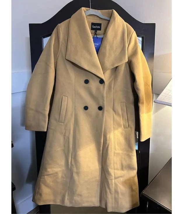 NEW Camel Shawl Collar Career Double Breasted Maxi Pea Coat M - Image 2