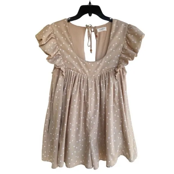 Storia Ruffle Sleeve Romper Large Tan Floral Babydoll Tie Back Boho Cottage - Image 2