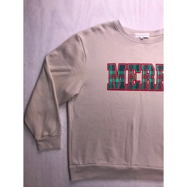 State of Mine Merry Plaid Graphic‎ Sweatshirt Womens XL Tan Christmas Pullover - Image 2