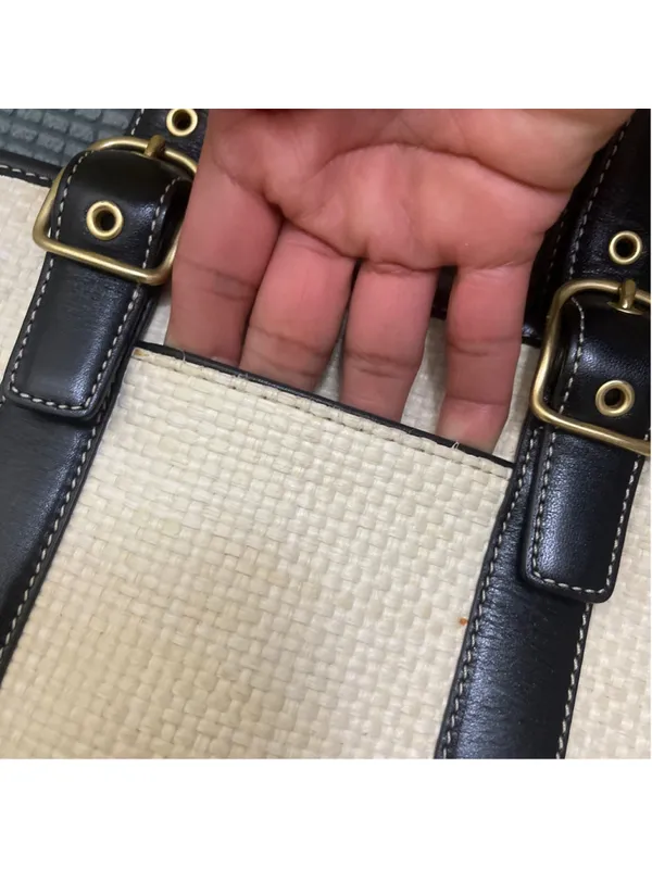 Coach Straw & Leather Tote Bag Beige Black small size - Image 5