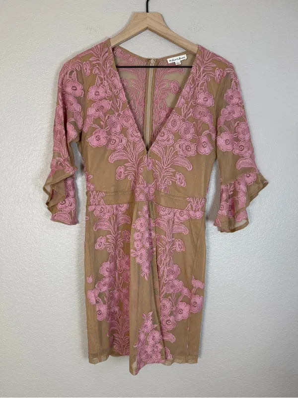 For Love & Lemons Temecula Mesh Embroidered Mini Dress in Nude Rose Pink Large - Image 3