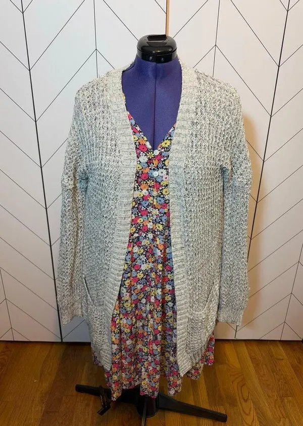 Express Women’s Large Gray Black Speckle Open Front Long Sleeve Knit Cardigan - Image 2