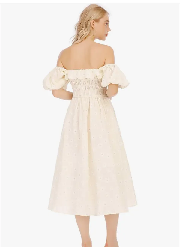 Boutique Womens Summer Floral Print Puff Sleeves Vintage Ruffles Midi Dress, Lightyellow, Small - Image 4