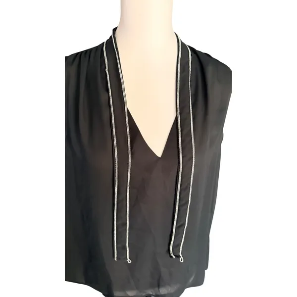 ZARA Black Sleeveless V-Neck Blouse with‎ Silver Chain Trim Ties XL - Image 2