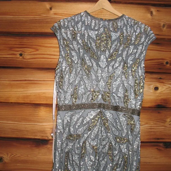 Mac Duggal 6 Silver Gray Gold Beaded Illusion Cap Sleeve Column Gown Maxi Dress - Image 11