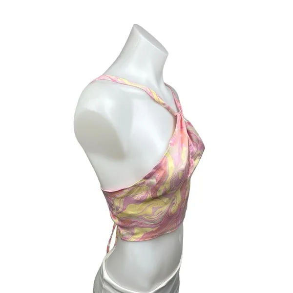 Zara Pink Yellow Satin Marble Tie Dye Open Tie Back Brami Cropped Tank Top Sz S - Image 2