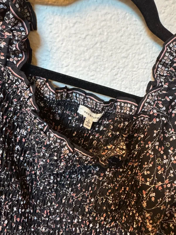 Max Studio Women's Black Floral Smocked Square Neck Peplum Blouse Size L - Image 3