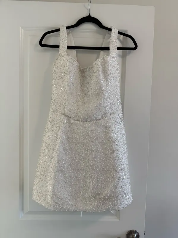 Embellished Structured A-Line Mini Dress in White (Bridal) - Image 3