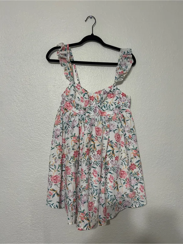 Ruffle-Strap Floral Mini Dress in White with Pink Floral - Image 2