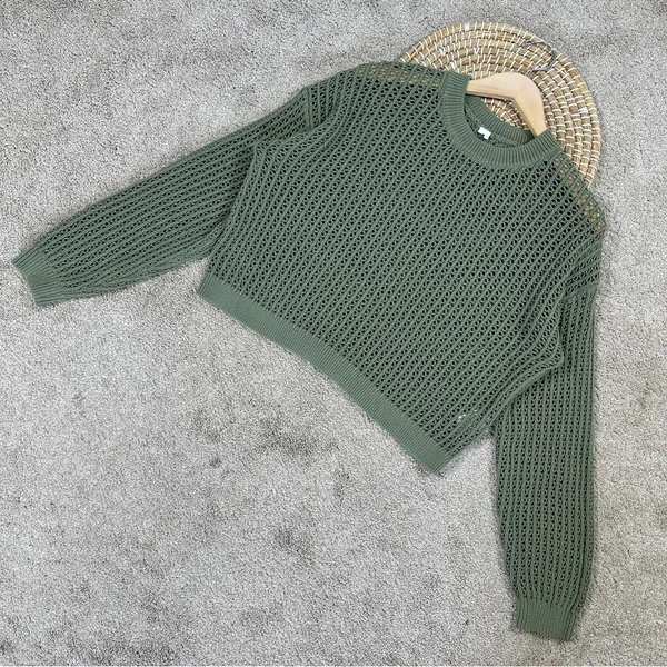 Old Navy Women’s Long-Sleeve Cropped Crochet Sweater Rib Knit Weeping Willow M - Image 4
