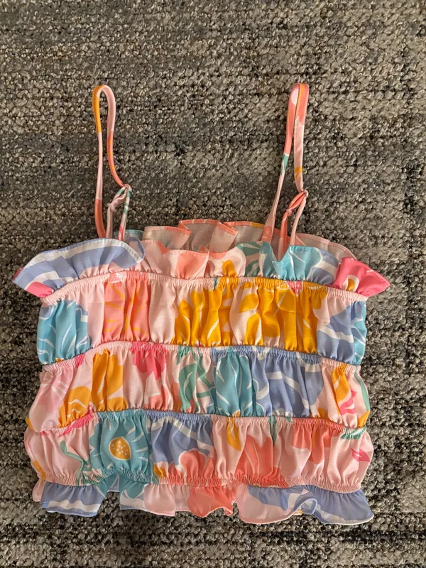 Colorful Floral Print Smocked Camisole Top Spaghetti Strap Size Small - Image 3