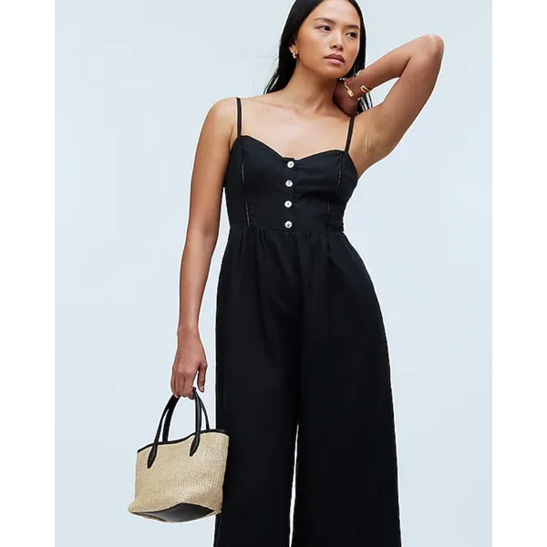 Madewell Sleeveless Wide Leg Jumpsuit 100% Linen Black Pockets Flowy US 12 NWT - Image 2