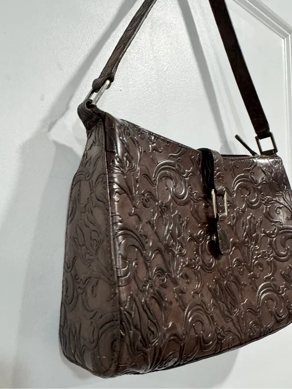 Wilsons Leather Pelle Studio Small Tooled Brown Leather Baguette Floral Y2K - Image 7