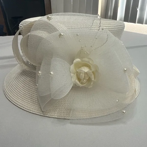 White Elegant Church Dress Hat with Mesh Bow Rose and Faux Pearls - Image 5