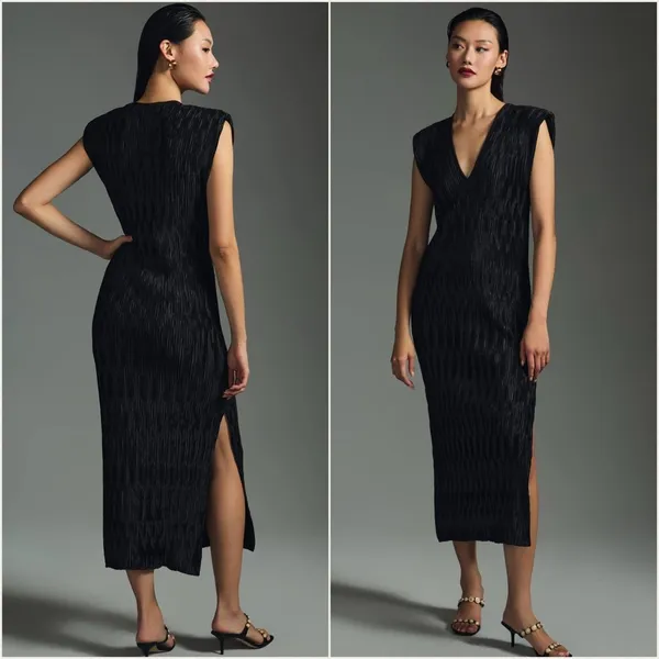 By ANTHROPOLOGIE Black Ruched V-Neck Side Slits Midi Dress Plissé Finish Size XS - Image 5