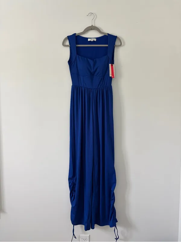 Popilush Sleeveless Square Neck Ribbed Cinch Wide Leg Jumpsuit Blue NWT M - Image 2