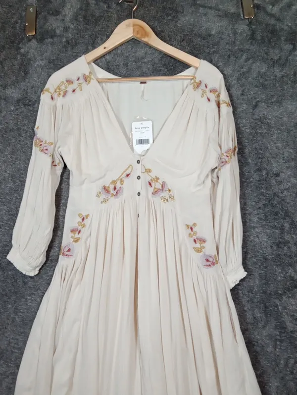 Free People Day Glow Embroidered Babydoll Dress Ivory Floral Boho Peasant - Image 3