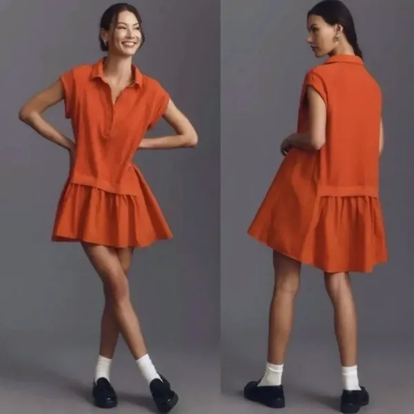 Daily Practice Anthropologie Red Tiered Polo Mini Dress Small EUC Mixed‎ Media - Image 2