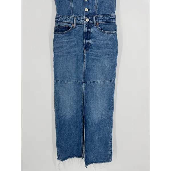 Reformation Tazz Maxi Denim Dress 0 Blue Button Front Slit Spaghetti Strap‎ Raw - Image 7