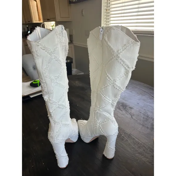 White Frayed Denim Quilted Platform Knee High Boots Pointed Toe Block Heel 8.5 - Image 7