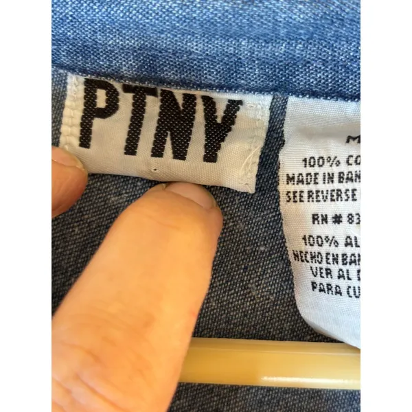Vintage PTNY Love to Sew Denim Button Down Shirt Patchwork Embroidery Medium - Image 8