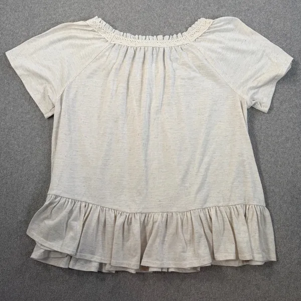 Cato Women's Large Beige Short Sleeve Peasant Blouse Ruffled Hem Button Front - Image 9