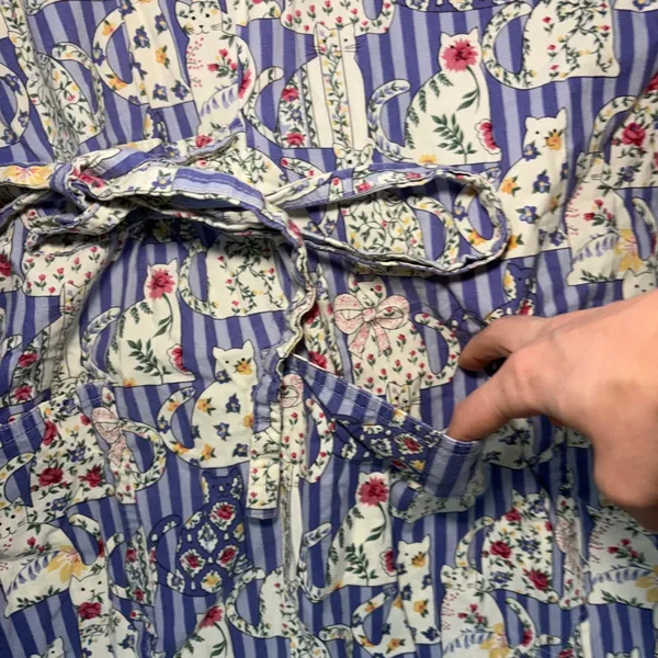80s‎ SCRUBS Cat Floral Print Striped Scrub Dress XL Blue Cotton Pockets USA Made - Image 5