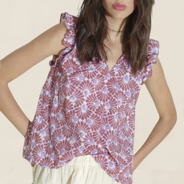 Xirena Bex Boho Romantic Feminine Ruffle Moonshell Print Top | Size L - Image 7