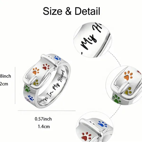 Women’s White Gold Colorful Paw Print “Always in My Heart” Engraved Ring Size 6 - Image 6