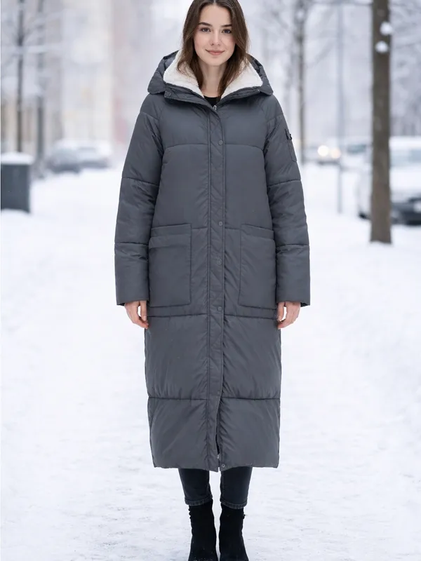 Mango Basics Long Hooded Puffer Coat Olive Green Sherpa Lined Quilted Jacket M - Image 2