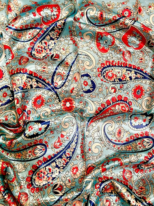 VINTAGE aqua blue paisley super boho print oversized silky scarf 35/35 - Image 9