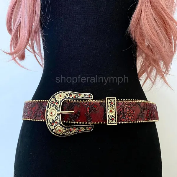 Red Floral Embossed Rose Buckle Western Y2K Belt, Fits 32.5-41 Inches, X7GA1290 - Image 2