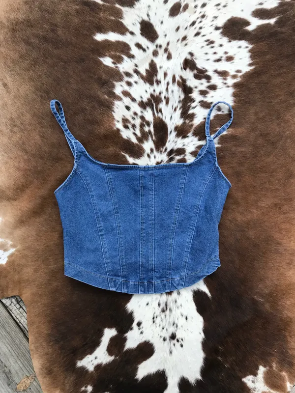 NWT Boutique Denim Corset Crop Top Sz L - Image 2