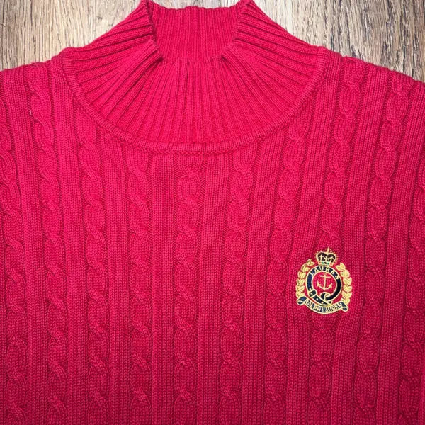 VTG Lauren Ralph Lauren Red Cable Knit Mock Neck Crest Sweater Womens XL Preppy - Image 6