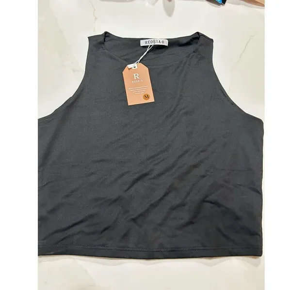 NEW Black Halter Neck Double Lined Tank Crop Top M - Image 3