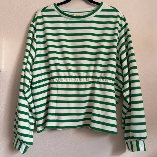 Maeve Anthropologie Green White Striped Corset-Waist 2X Sweatshirt Top OP1682588 - Image 3